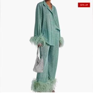 Elegant Pink Feather Trimmed Women's Pants & Shirt SetNWOT Medium Like Oseree